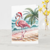Carte Flamant rose de Noël avec Casquette Père Noël (Fleur jaune)