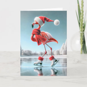 Carte Flamant rose de Noël Patinage sur glace