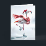 Carte Flamant rose de Noël Patinage sur glace<br><div class="desc">Un flamant portant un chapeau de Père Noël et une écharpe rouge patinent gracieusement sur un étang gelé Tout le texte peut être changé.</div>