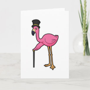 Carte Flamant rose en marié avec chapeau et canne