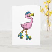 Carte Flamant rose en patineur avec patins et casque (Fleur jaune)