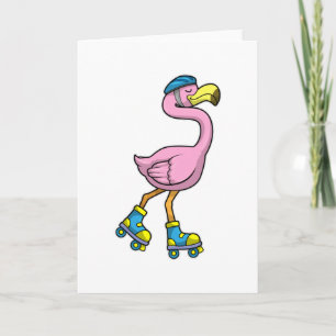 Carte Flamant rose en skateur avec patins et casque
