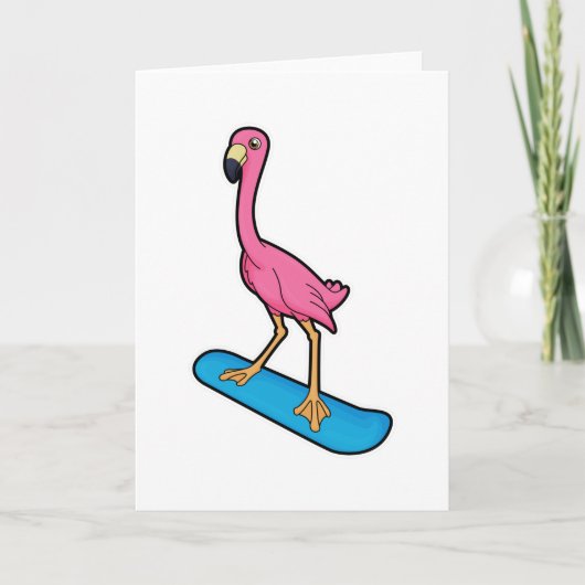 Carte Flamant rose en snowboardeur avec planche à neige (Devant)