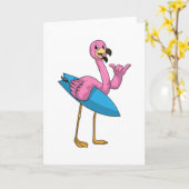 Carte Flamant rose en surfeur avec planche de surf (Fleur jaune)