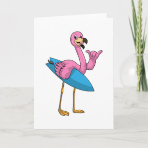 Carte Flamant rose en surfeur avec planche de surf