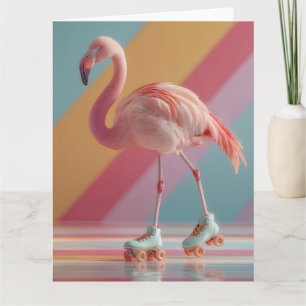 Carte Flamant rose fantaisiste sur des patins à roulette