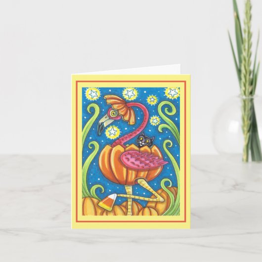 CARTE FLAMANT ROSE HALLOWEEN CHAT NOIR DANS CITROUILLE V (Devant)