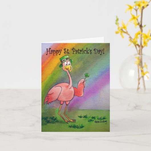Carte Flamant rose Line Happy St. Patrick's Day Lucky Ir (Fleur jaune)