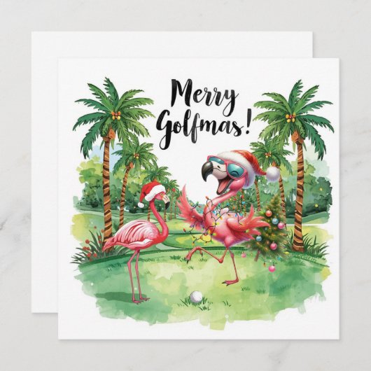 Carte Flamant rose Noël Golfeur dans le terrain de golf (Devant / Derrière)
