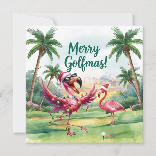 Carte Flamant rose Noël Golfeur dans le terrain de golf (Devant)