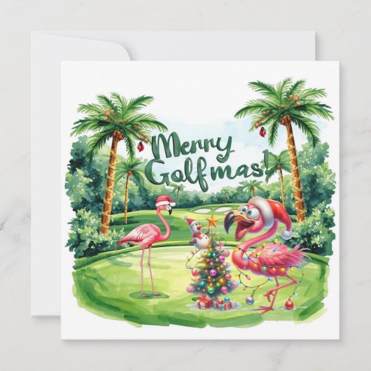 Carte Flamant rose Noël Golfeur dans le terrain de golf (Devant)
