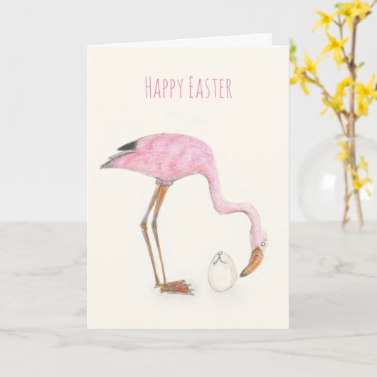 Carte Flamant rose Pâques (Fleur jaune)