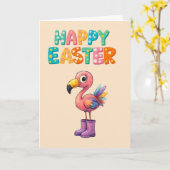 CARTE FLAMANT ROSE PÂQUES JOYEUX (Fleur jaune)