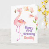 Carte Flamant rose Premier anniversaire Joyeux 1er anniv (Fleur jaune)