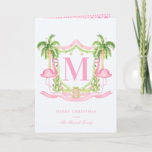 Carte Flamant rose preppy Christmas Crest Photo (Devant)