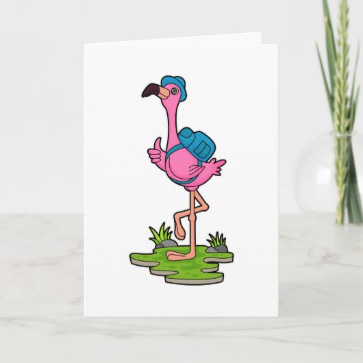 Carte Flamant rose randonneur avec sac à dos (Devant)