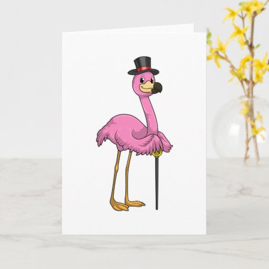 Carte Flamant rose retraité avec canne (Fleur jaune)