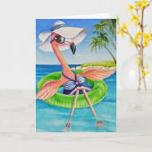 Carte Flamant rose rose blanc no 3 Aquarelle Art (Fleur jaune)