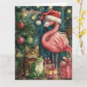 Carte Flamant rose rose Chat & Grenouille Noël tropical (Fleur jaune)