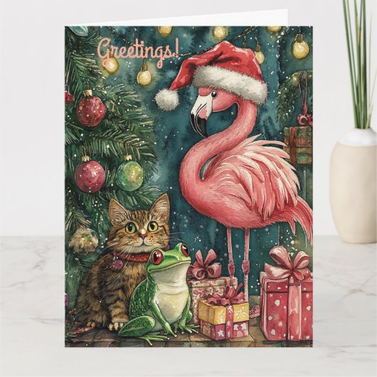 Carte Flamant rose rose Chat & Grenouille Noël tropical (Devant)