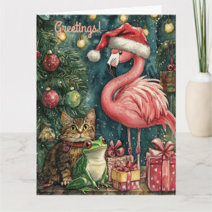 Carte Flamant rose rose Chat & Grenouille Noël tropical