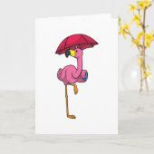 Carte Flamant rose sous la pluie avec un parapluie (Fleur jaune)