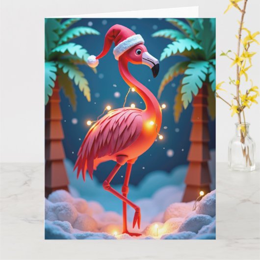 Carte Flamant rose tropical avec lumières à Noël enneigé (Fleur jaune)