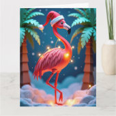 Carte Flamant rose tropical avec lumières à Noël enneigé (Devant)