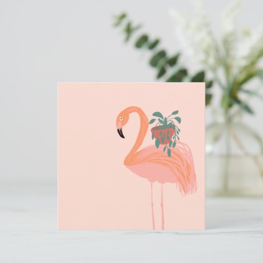 Carte Flamant rose tropical avec main Plante pointillée  (Debout devant)
