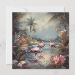 Carte Flamant Rose Tropical Lagune Art Floridien Vintage