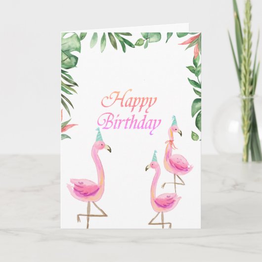 Carte Flamants roses adorables feuilles tropicales (Devant)