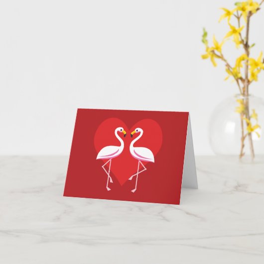 Carte Flamants roses blancs mignons avec cœur rouge | Aj (Fleur jaune)