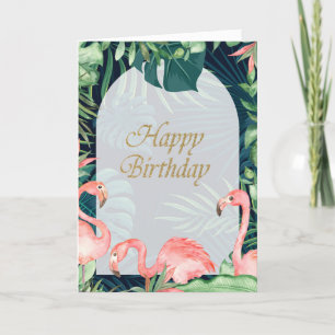 Carte Flamants roses feuilles de palmier tropicales Anni