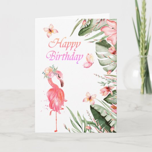 Carte Flamants roses Papillons Feuilles tropicales Anniv (Devant)