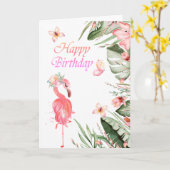 Carte Flamants roses Papillons Feuilles tropicales Anniv (Fleur jaune)