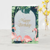 Carte Flamants roses roses Palm Tropical Feuille Anniver (Fleur jaune)
