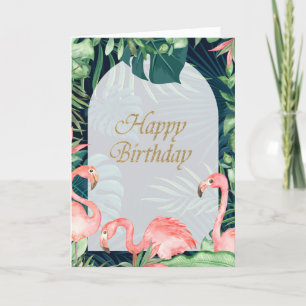 Carte Flamants roses roses Palm Tropical Feuille Anniver