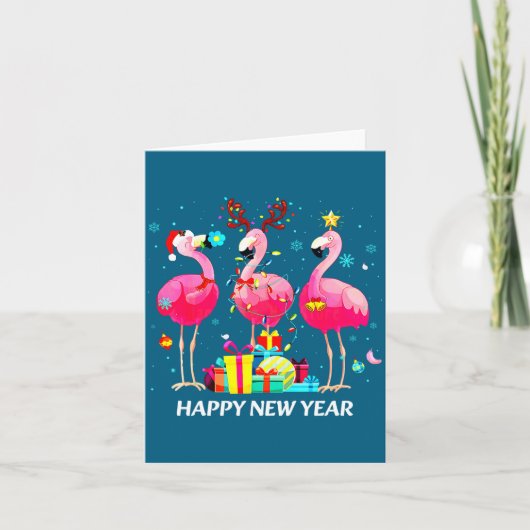 Carte Flamingo Santa Hat Happy New Year Light Long Sleev (Devant)
