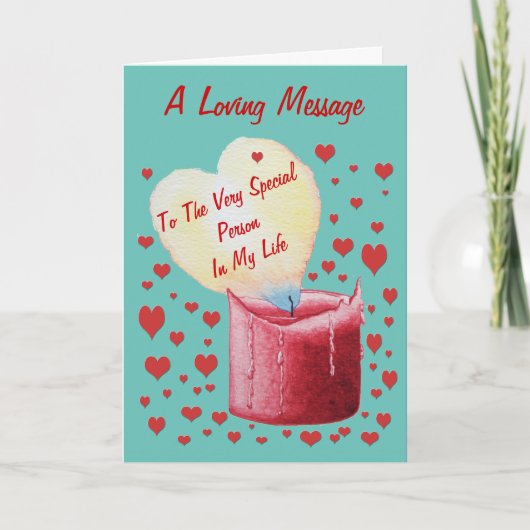 Carte flamme en forme de coeur rouge bougie avec couplet (Devant)