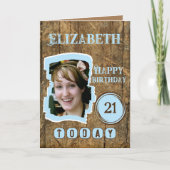 Carte Flamme rustique bois brun bleu 21e anniversaire (Devant)