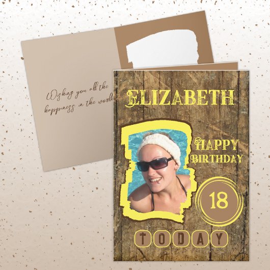 Carte Flamme rustique bois brun jaune 18e anniversaire