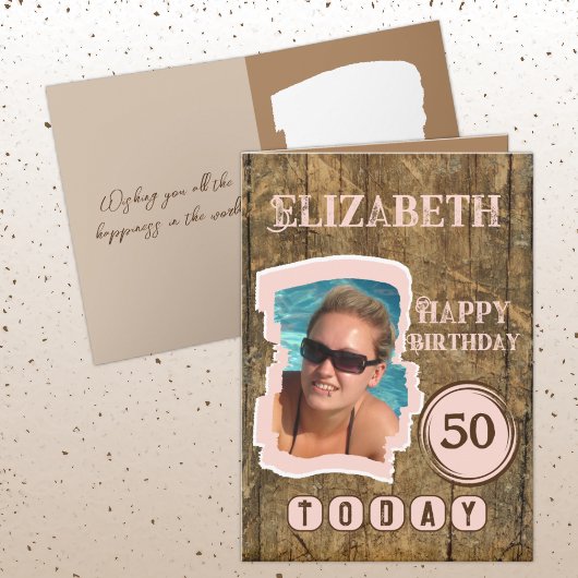 Carte Flamme rustique bois brun rose 50e anniversaire