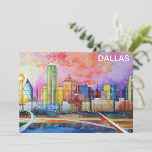 Carte Flat Dallas Texas Watercolor City Skyline (Debout devant)