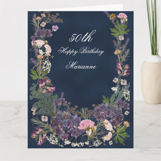 Carte Fleur botanique d'anniversaire sur Moody Navy Blue (Devant)