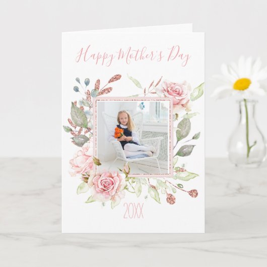 Carte Fleur d'aquarelle rose avec photo Fête des Mères (Petite plante)