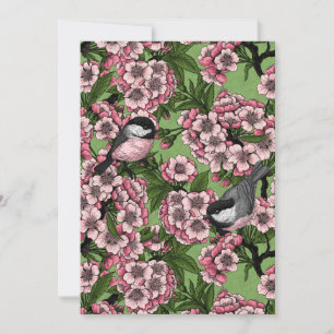 Carte Fleur de cerisiers et poulets verts
