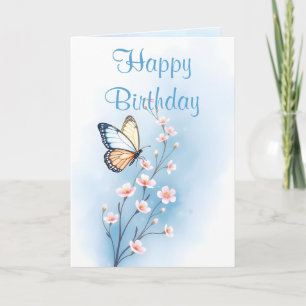 Carte Fleur de lavis bleu Papillon Joyeux Anniversaire