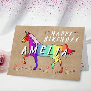 Carte Fleur de Licorne Rose Papier Ancien Fille Joyeux A