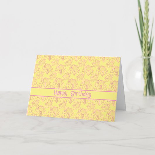 Carte Fleur de ligne rose Motif Jaune Joyeux anniversair (Devant)