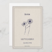Carte fleur de naissance mois de septembre aster. (Devant / Derrière)